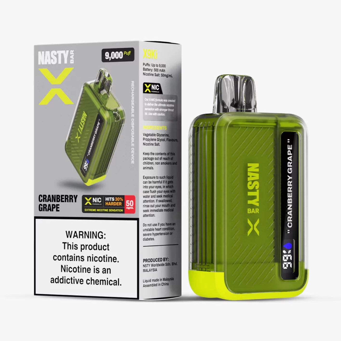 Green vape device with 'Nasty' branding and packaging on a white background